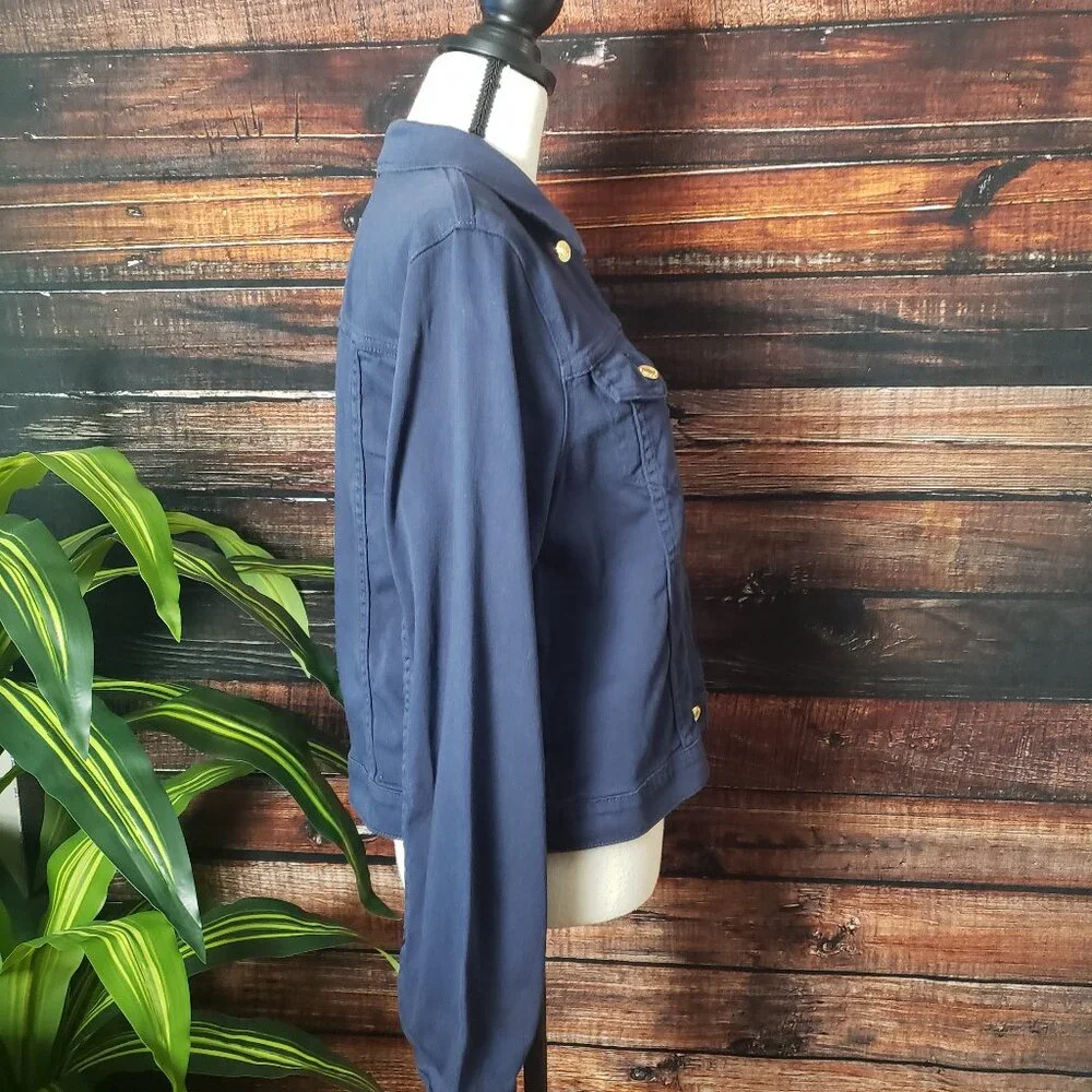 NWT Michael Kors Jacket L Navy Blue Cropped Cotton Stretch Gold Buttons